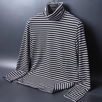 Autumn black and white high neck striped base shirt mens long sleeve T-shirt retro ulzzang sweater sea soul shirt trend shirt