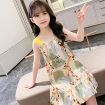 Girls Night Dress Summer thin short-sleeved Princess wind girl Medium big child suspender Childrens home clothes cartoon dress