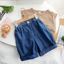 Childrens dark blue jeans Mens and womens baby foreign air jeans Summer Seven Pants Children 50% Pants Thin