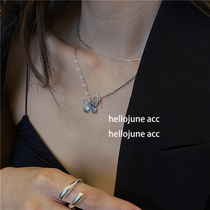 hellojune 925 silver oxidized butterfly necklace asymmetric double chain ring buckle butterfly necklace