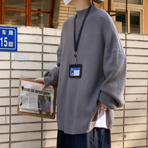 Slit sweater mens solid color autumn and winter loose semi-high neck knitwear ins trend Korean version of lazy wind sweater
