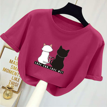 Korean cotton short sleeve T-shirt female 2021 summer new thin solid color loose round neck cartoon cat bottom coat