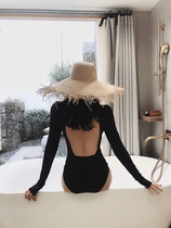 South Korea in one-piece swimsuit womens long sleeve sunscreen black conservative belly slim backless sexy hot spring vacation