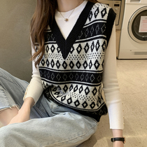 celine pianna knit waistcoat waistcoat female autumn winter brief looser v collar retro plaid 100 lap sweaters