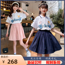 Girls Summer Suit Dress Dress Foreign Fashion Middle School Kids College Wind Little Girl Polo Shirt Pleats Two Sets