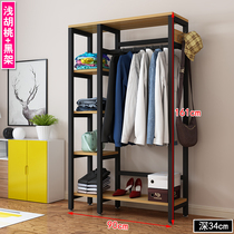 Simple wrought iron coat rack floor bedroom wooden hanger household multifunctional storage rack storage simple wardrobe