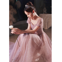 Pink evening dress womens light luxury niche high-end host fairy long temperament ladies banquet high-end birthday dress