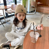 Childrens round collar jacket head sweatshirt sports suit 2021 autumn Korean version of male and female child baby printed sweatpants two sets of damp