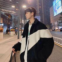 Winter color Lamb hair stand collar warm cotton coat mens Tide brand Korean trend loose bf thick cardigan jacket
