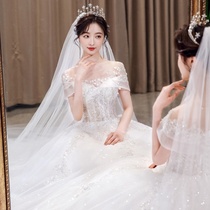 Fan-style light main wedding dress 2022 new temperament bridal court wind trailing off the door yarn female little advanced texture