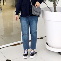 ALIN customizes large - yard deep blue elastic hole jeans fat - minded girl in spring 2020 new models are slim high waist