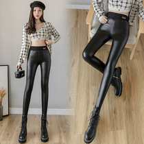 Punching pants female in autumn and winter wear high-waist black and thin and thin plus thickening warm large-code leather pants
