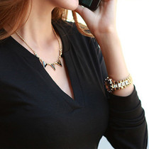 Fat MM extra size autumn thin base shirt women wear long sleeves 200kg T-shirt loose V collar black clothes