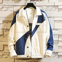 Splice denim jacket mens Tide brand loose ins Korean version of the trend Joker tooling jacket mens spring and autumn European and American streets