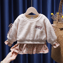 Girls autumn winter clothing fake two clothing new Korean version foreign air small and small children lambs wool plus suede thickened warm clothes