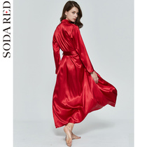 Morning robe Female bride Spring and Autumn sexy long bathrobe Ice Silk Red wedding nightgown Wedding pajamas