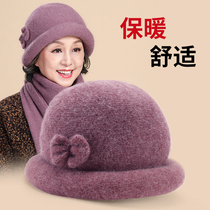 Middle-aged and elderly mother hat female winter old lady grandmother basin hat thickened knitted wool hat autumn and winter scarf