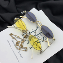 South Korea Oval flat frame ins trend Net red glasses female red with chain sunglasses female face Joker sun glasses glasses