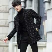 Trench coat mens long trend plaid woolen coat autumn and winter Korean handsome casual woolen coat mens clothing
