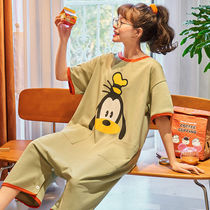 Sleeping Skirt Woman Short Sleeve Pure Cotton Loose Fat Big Code Long Over Knee Cute Cartoon Pregnant Woman Summer One-piece Sleeping Dress