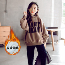Girls sweater plus fleece 2022 new winter clothes for big girls loose Korean style foreign style thickened top 12-15 years old trend