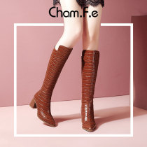 Brown embossed all cowhide leather high boots women winter plus velvet leather thick heels no knee Knight boots 641J