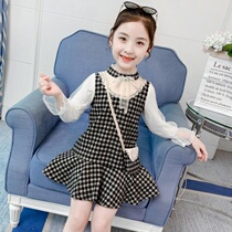 Girls autumn dress 2020 new net Red Girl Plaid long sleeve princess skirt foreign spring and autumn childrens skirt