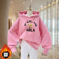 autumn winter 2022 new mid-length hooded sweatshirt women loose korean style premium fried street pink fleece thick top