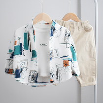 Ink style Korean boys shirt long sleeve baby personality foreign style Joker shirt 2021 new spring and autumn cotton