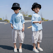 Boys summer clothing cotton linen suit 2022 new children Summer handsome short sleeve baby Summer Ocean Clothing Tide