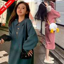 Maternity wear autumn and winter clothing net red suit sweater Korean version with medium and long section not showing pregnant Hepburn dress spring and autumn