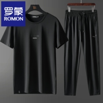 Romon Ice Silk Sports Suit Mens Summer Thin Air-Speed Dry Mesh Casual Men Short Sleeve T-shirt Two Sets