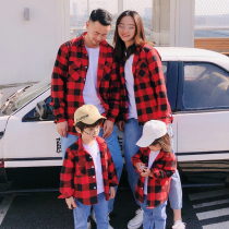 2021 spring new girl parent-child dress Plaid Shirt shirt father and son mother womens family four long sleeve harbor style
