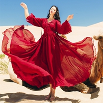 Travel in Turkey Dubai Travel clothes for women Desert Dress Red Ultra Fairy slim and long skirt Seaside holiday clothes