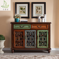 American solid wood large-capacity shoe cabinet retro hollow multi-layer shoe rack living room carved storage side cabinet painted cupboard