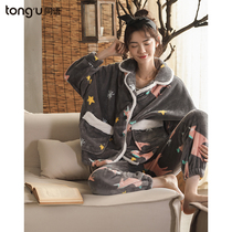 Same language autumn and winter coral velvet pajamas female thickened warm set ladies flannel Spring and Autumn plus velvet home clothing