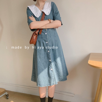Fresh age slim knee-length waist denim skirt summer thin French stitching short sleeve dress women