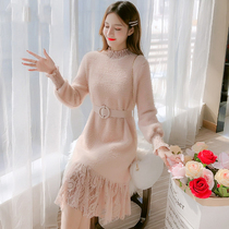 Imitation ferret fur coat dress lady autumn and winter long with kneecap lace parquet to receive waist temperament Van knit dress
