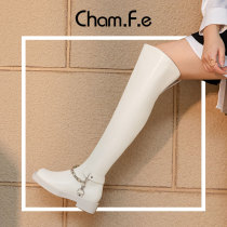 Beige full cowhide knee boots Women Winter new leather chain Knight boots square head long boot 277J