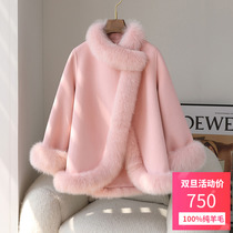 Chinese style fox fur double-sided woolen cloak coat womens mid-length 2022 winter new high-end cashmere coat