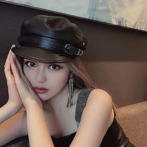 Paris autumn and winter new leather hat flat top navy hat female British retro trendy hat cap beret