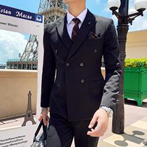 Bridegroom double-breasted suit mob male handsome casual yuppie suit male Korean version slim trend three-piece marriage