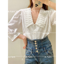 SANDRO 21 Early Spring Women Lace Collar Bubble Sleeve Short Sleeve Top SFPCM00397