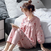 High-grade cotton pajamas womens spring and autumn long-sleeved large size pregnant womens clothing autumn students cute Korean version of home clothes
