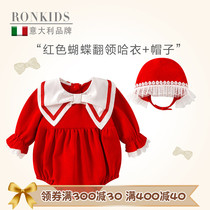 ronkids baby clothes girl baby red bow triangle jumpsuit hat suit newborn romper