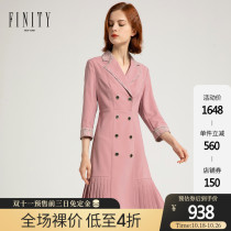 FINITY2020 winter dress new fashion suit collar double-breasted dress simple temperament professional pleated skirt