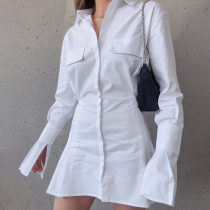 H home European and American street style lazy temperament waist shirt dress female solid color wild band cuff split a short skirt