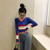 Spring and Autumn New Knitwear Long Sleeve Womens V-neck Pullover Bottom Tight Sweater ins Super Fire Short High Waist Top Thin