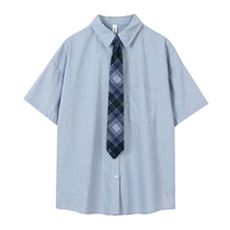 Blue fried street shirt womens short sleeve 2021 Spring and Autumn New Vintage Hong Kong flavor top design sense niche tie shirt