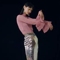 LE FAME lafam Spring Autumn new round neck pick hole lotus leaf sleeve knitwear LF9Q12ZB05R160